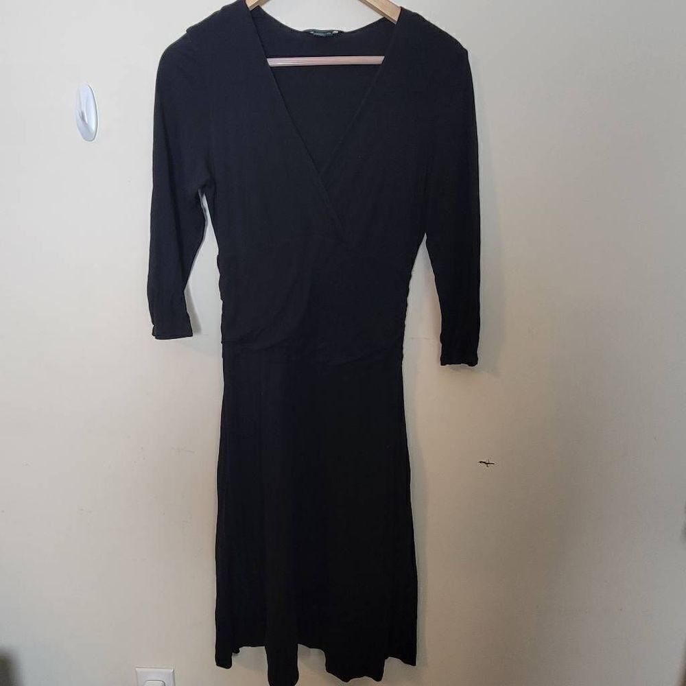 Boden V neck Cross Front 3/4 Sleeves Tencel Ruched Black Midi Dress 12L